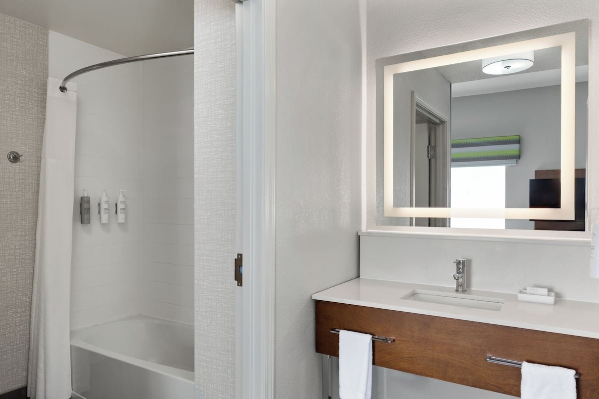 combined shower/bathtub, free toiletries, hair dryer, towels