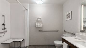 Een moderne badkamer met douche, toilet en wastafel.