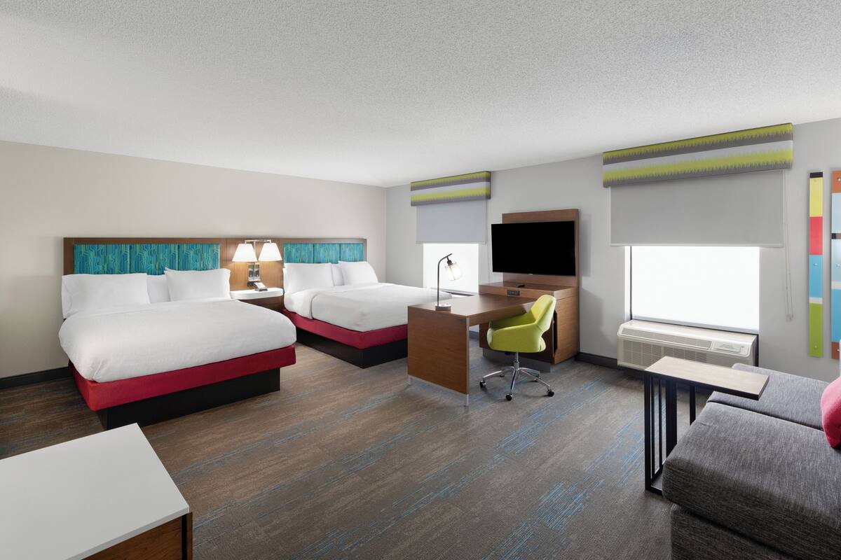 studio, 2 queen beds, non smoking, kitchen | premium bedding, desk, blackout curtains, iron/ironing board