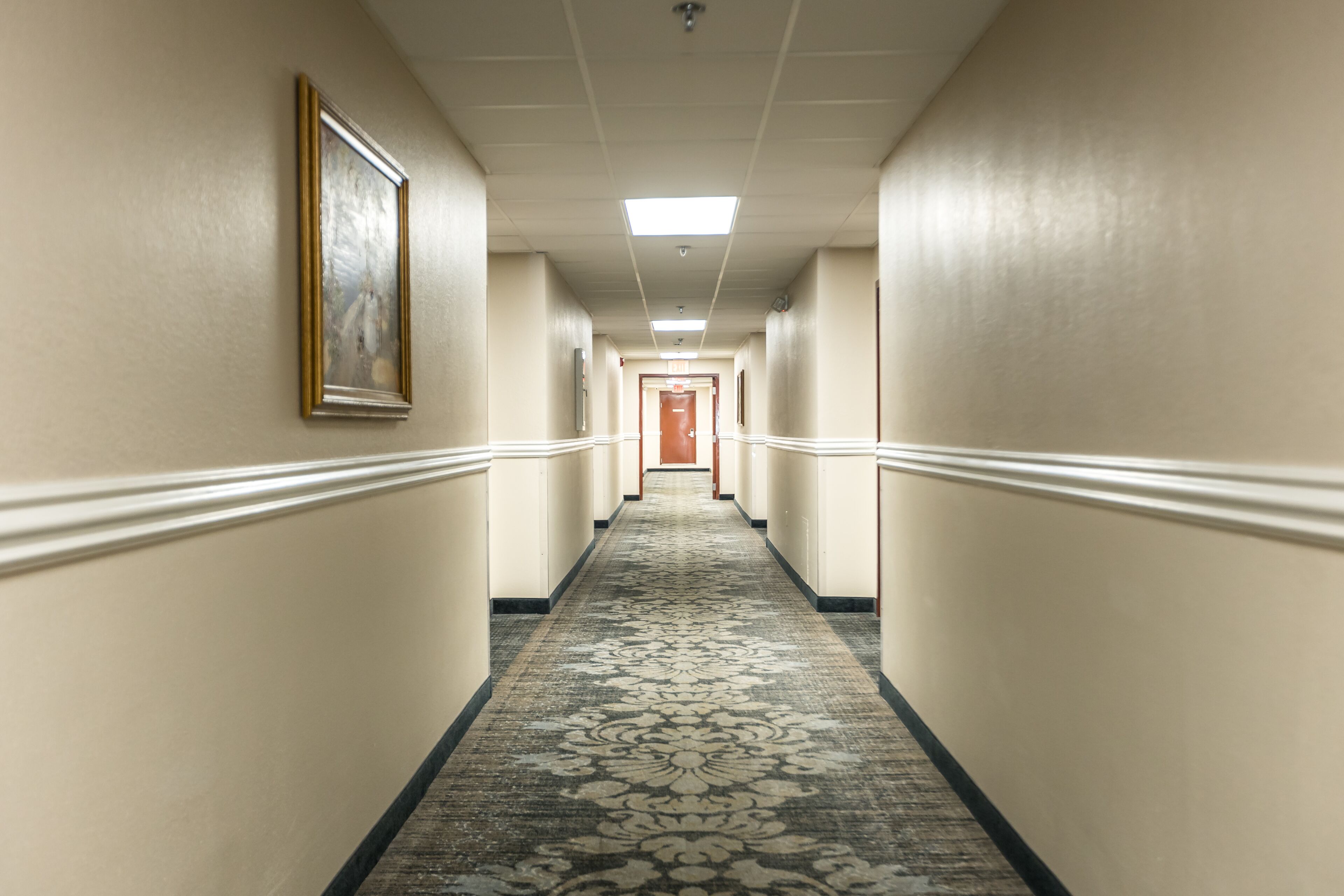 Ein langer, schmaler Hotelkorridor mit Teppichmuster, cremefarbene Wände und einem gerahmten Bild an der linken Wand.
