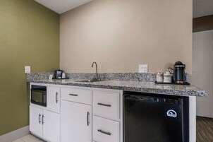 Mini-fridge, microwave, coffee/tea maker