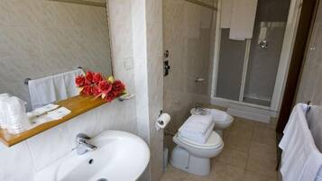Shower, free toiletries, hair dryer, bidet