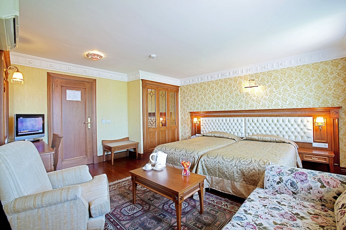 Una habitación de hotel con cama, televisión, escritorio y sofá.