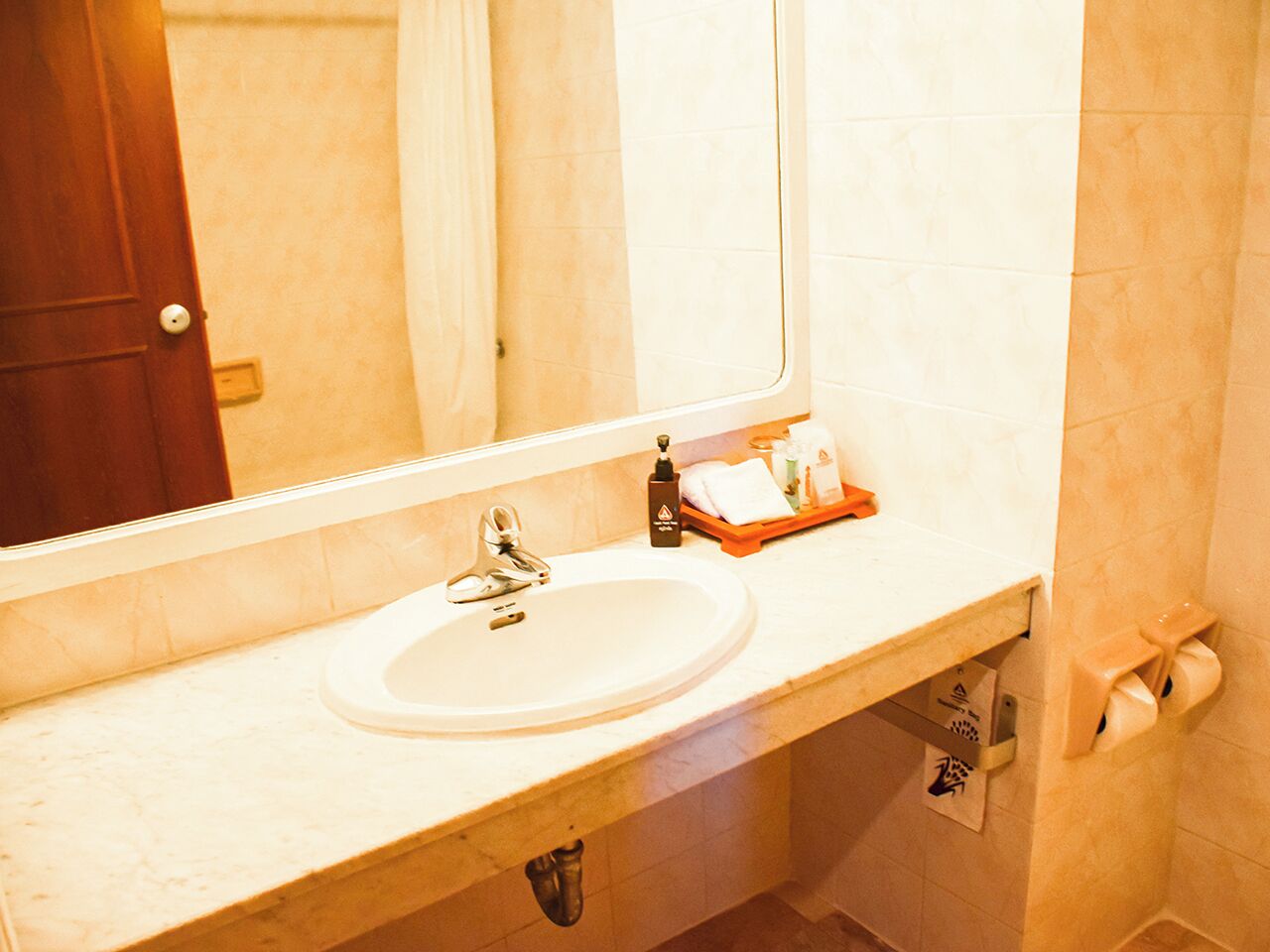 A bathroom with a sink, mirror, and towel rack.
