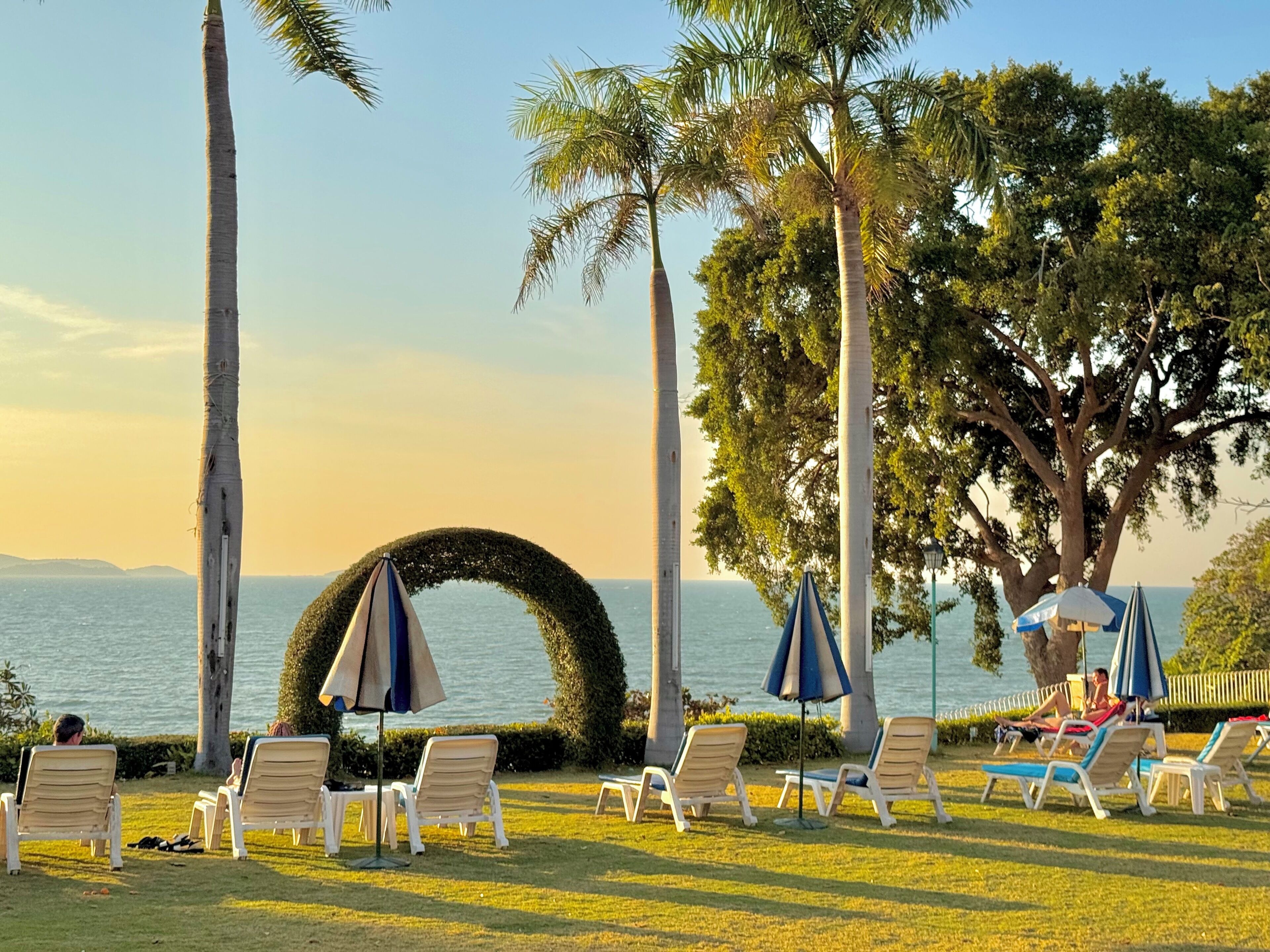 A beachside lounge area with sun loungers, umbrellas, and palm trees.