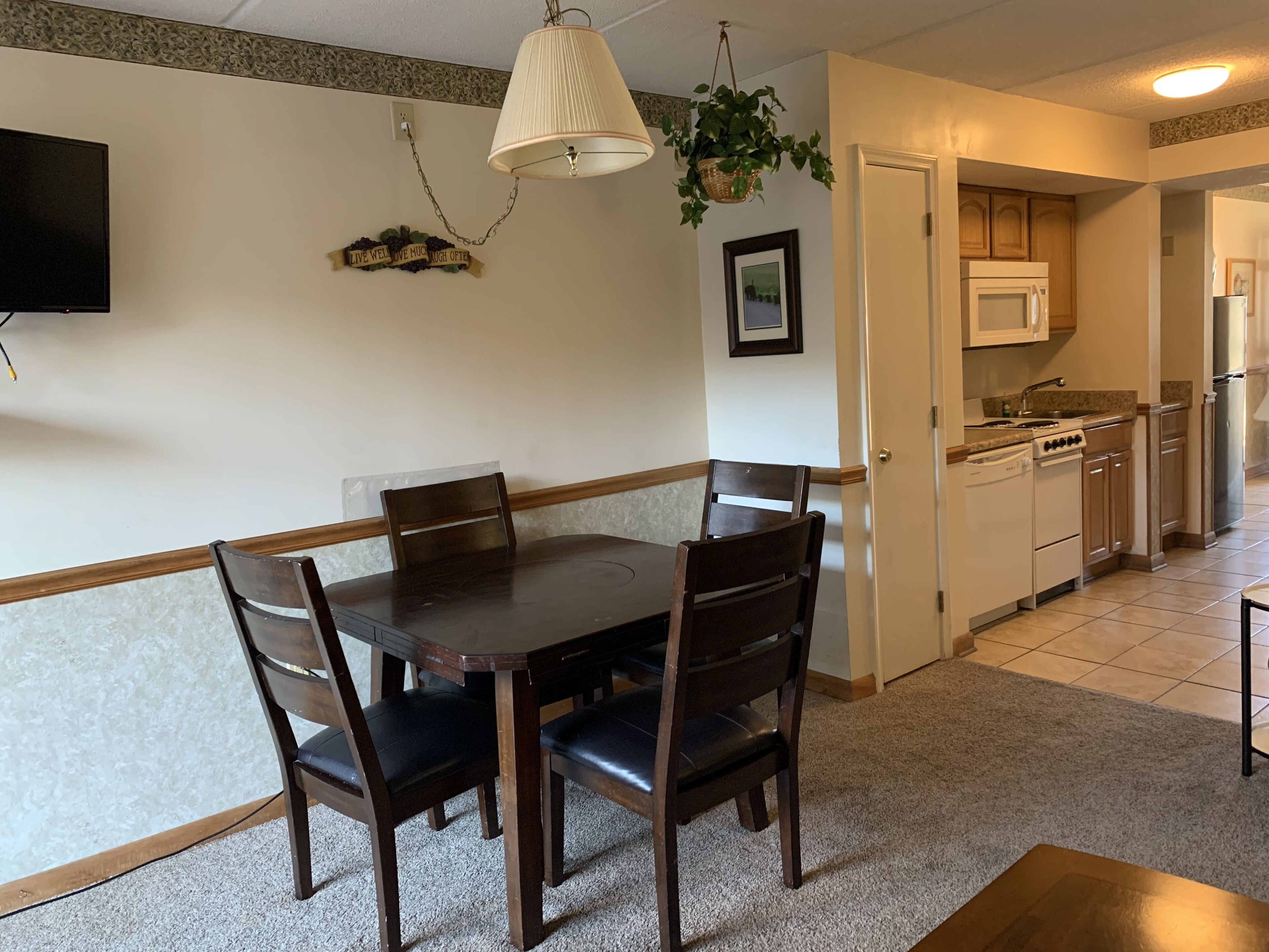 A dining area with a wooden table and chairs, a hanging plant, a wall-mounted TV, and a kitchen in the background.