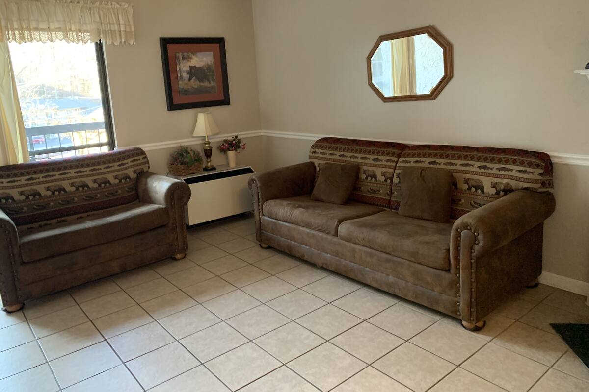 A living room with two sofas, a lamp, a framed picture, and a window with a view.