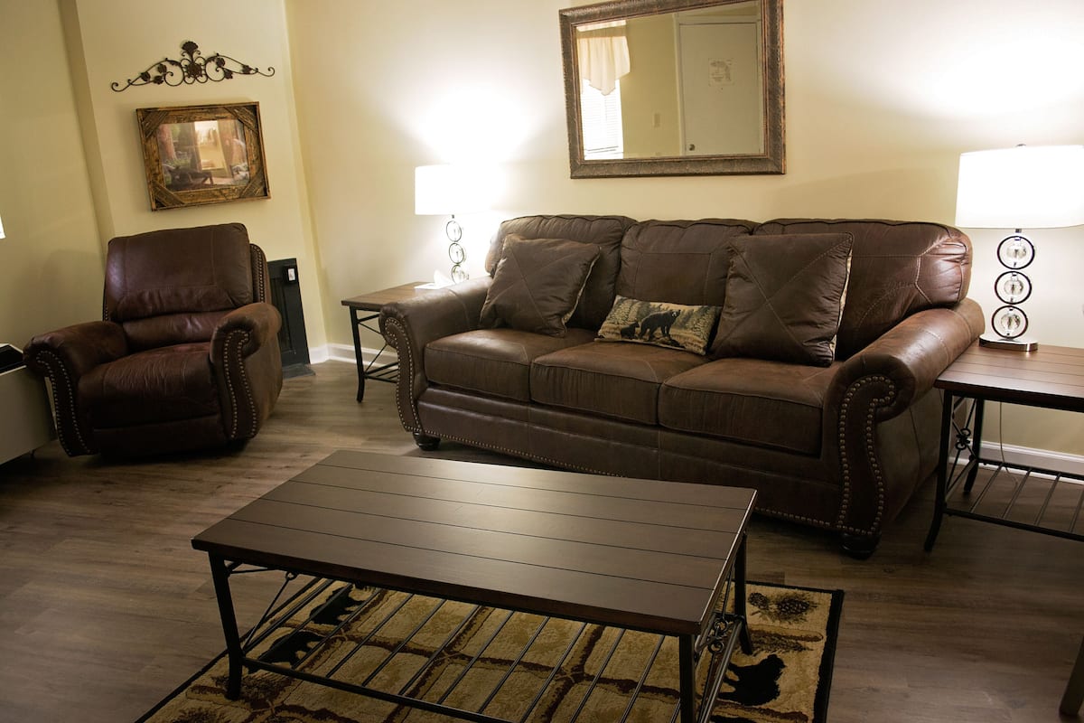 A living room with a brown leather sofa, a matching leather armchair, a wooden coffee table, and a patterned rug.