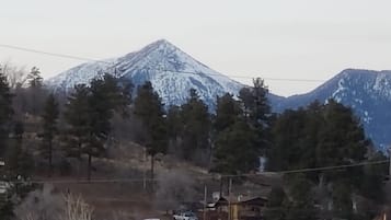A snow-covered mountain with a few buildings and trees in the foreground.