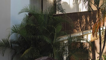 A multi-story building with balconies, a tiled roof, and surrounding vegetation.