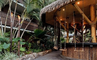 A tropical resort with a bamboo structure, hanging swings, and lush vegetation.