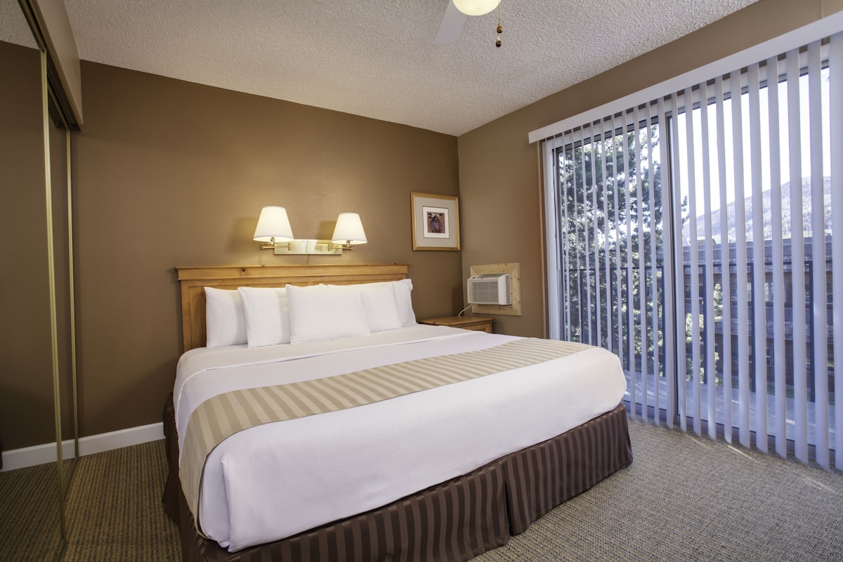 A hotel room with a large bed, two bedside lamps, a picture on the wall, and a view through the window.