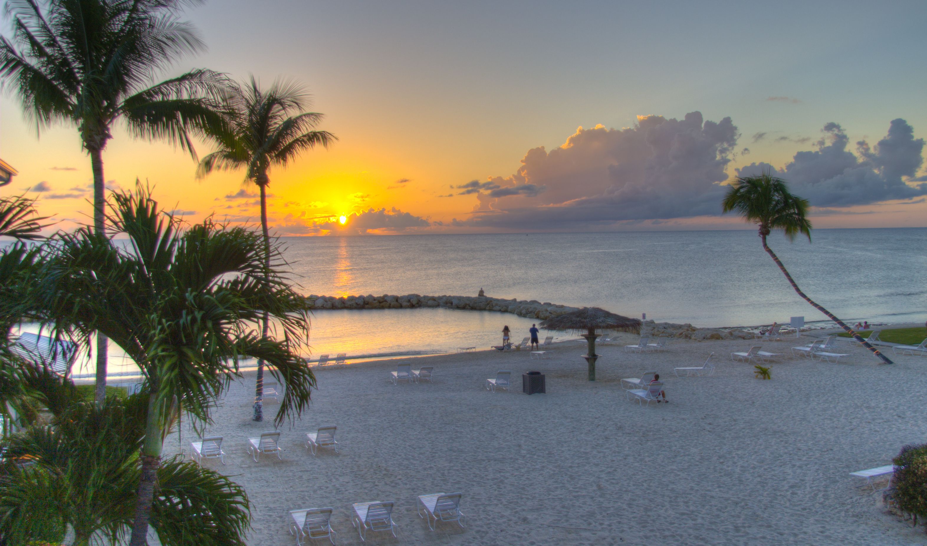 A beach with palm trees, lounge chairs, and a sunset over the ocean.