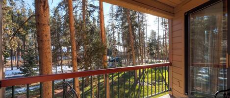 A covered porch with a view of a forest and a parking lot.