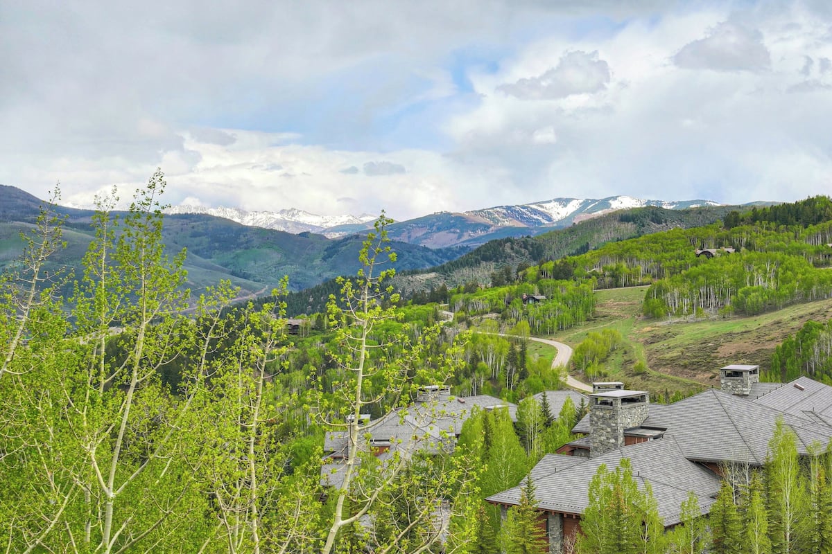 A mountainous landscape with a winding road, houses with stone chimneys, and a mix of coniferous and deciduous trees.
