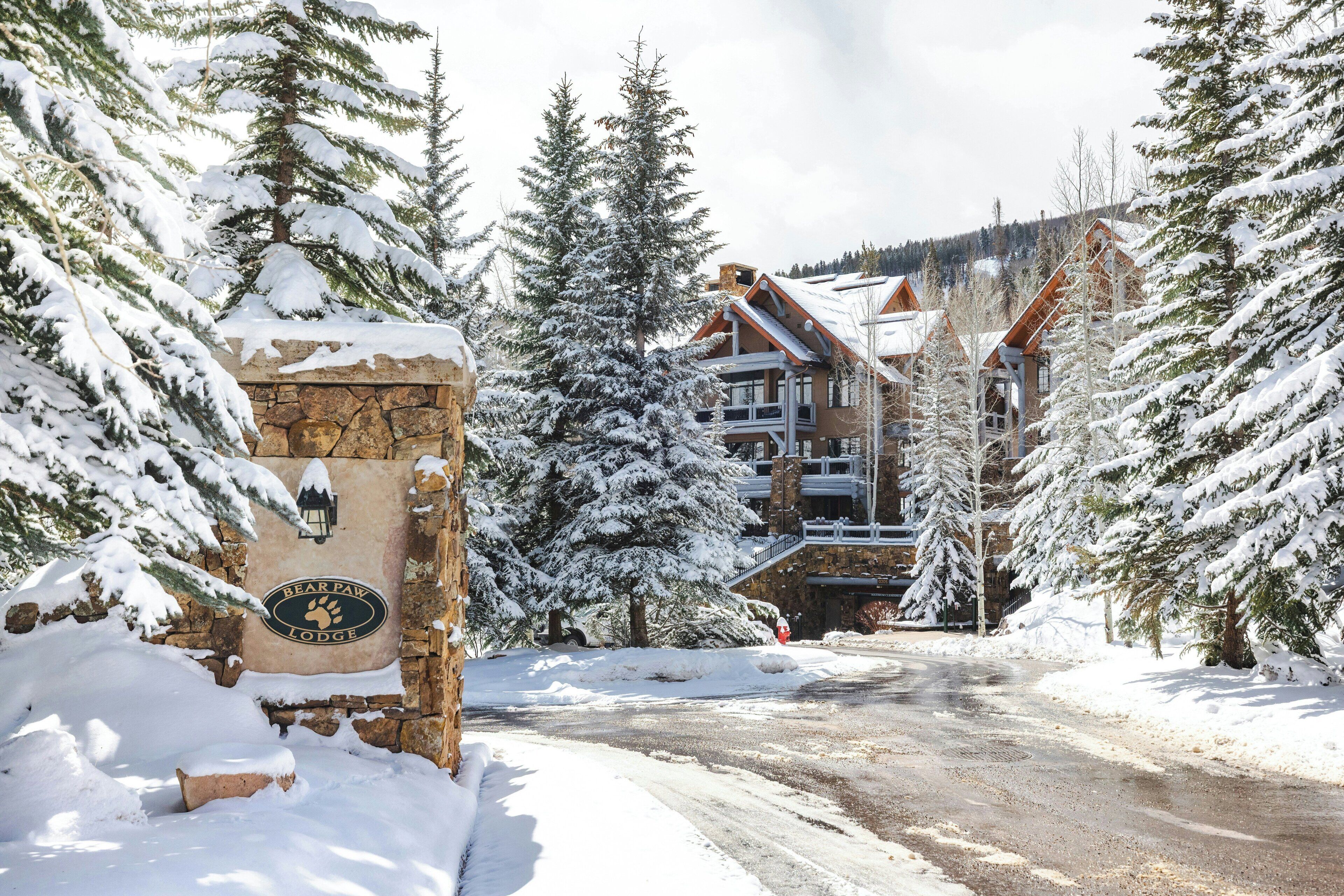 A snow-covered lodge entrance with a stone sign, surrounded by tall evergreen trees.