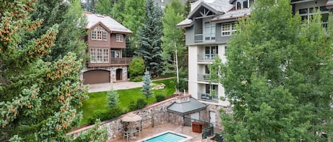 Outdoor pool, pool umbrellas, pool loungers