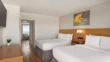 Quarto de hotel com duas camas, televisão, uma pequena mesa com uma planta e um quadro na parede.