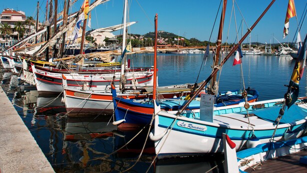 A marina with multiple boats docked, calm water, and a clear sky.