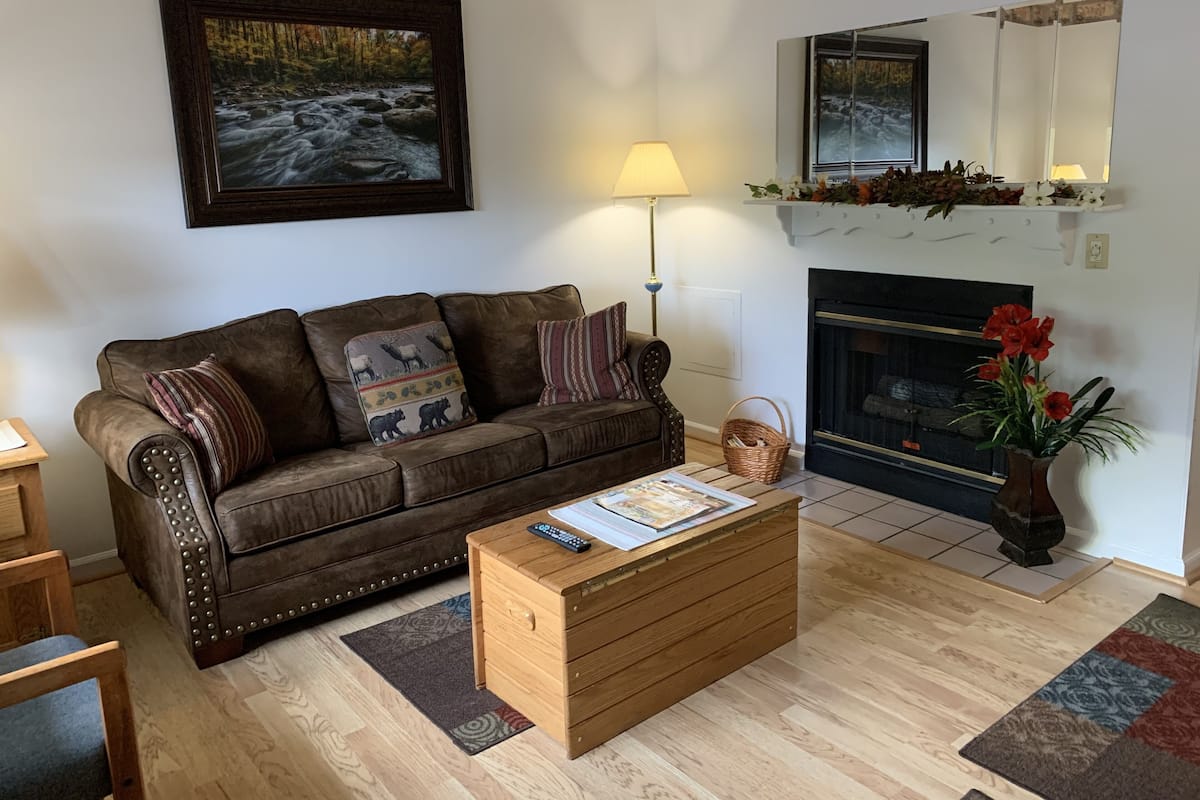 A cozy living room with a brown leather sofa, a wooden coffee table, a fireplace, and a painting of a river.