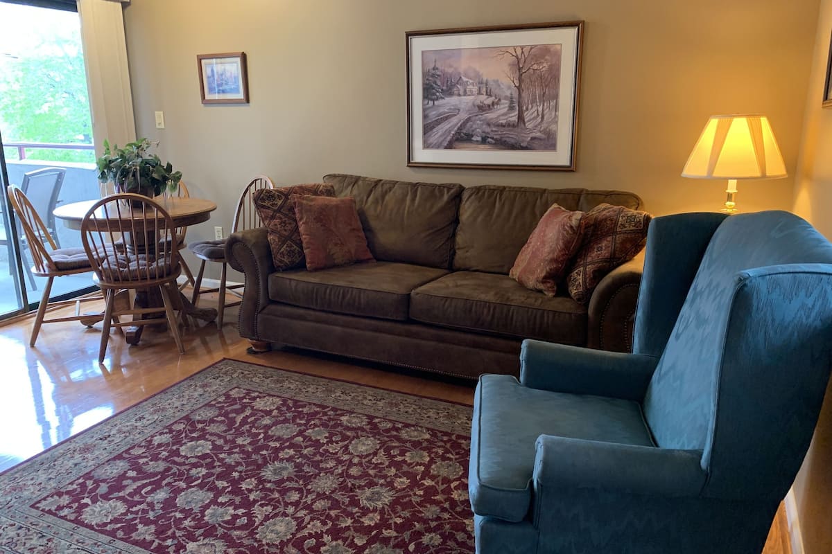 A living room with a brown sofa, a blue armchair, a wooden dining table with chairs, a red patterned rug, and a painting on the wall.