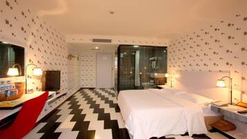 Down duvets, desk, blackout curtains, iron/ironing board