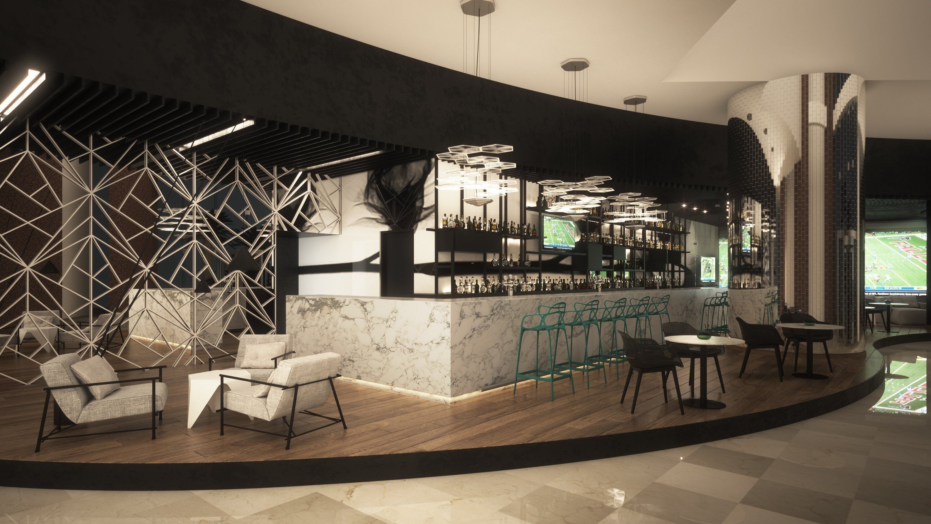 A modern bar area with a marble countertop, multiple seating options including bar stools and chairs, and a geometric wall design.