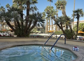 Area piscina con lettini e ombrelloni, circondata da palme e un edificio sullo sfondo.