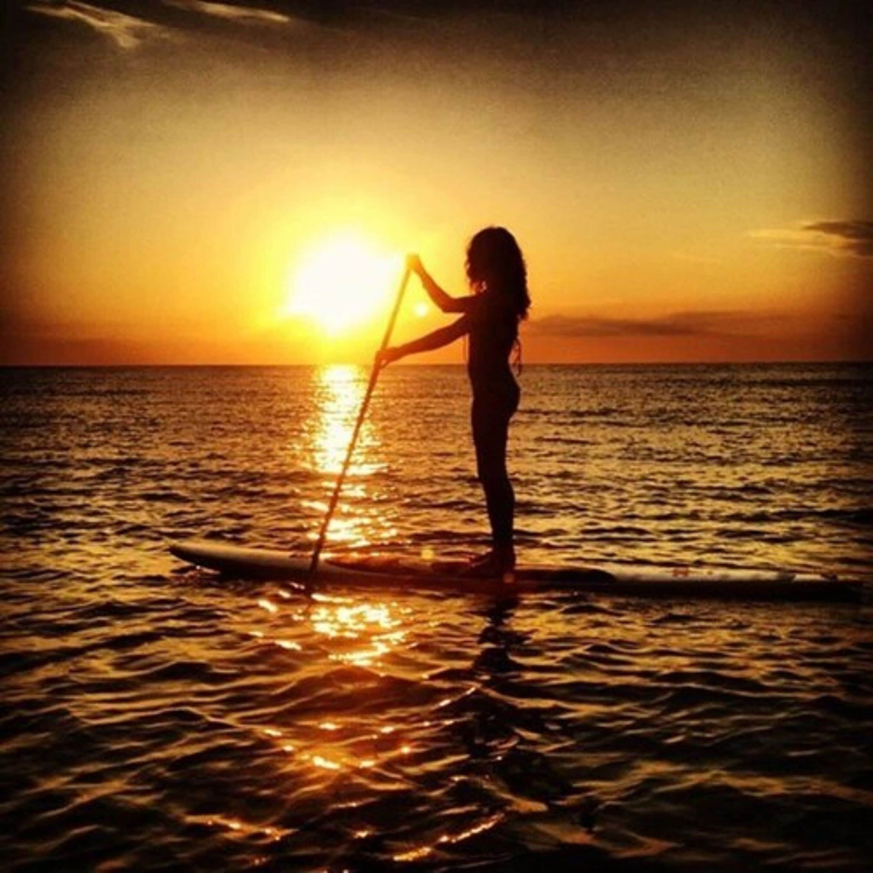A silhouette of a person paddleboarding at sunset.