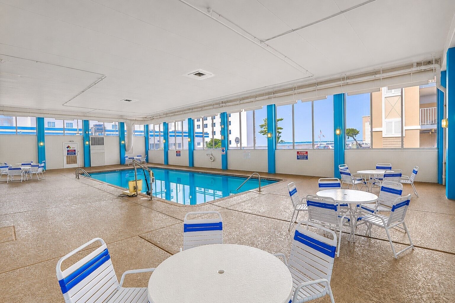 Indoor pool, outdoor pool, sun loungers