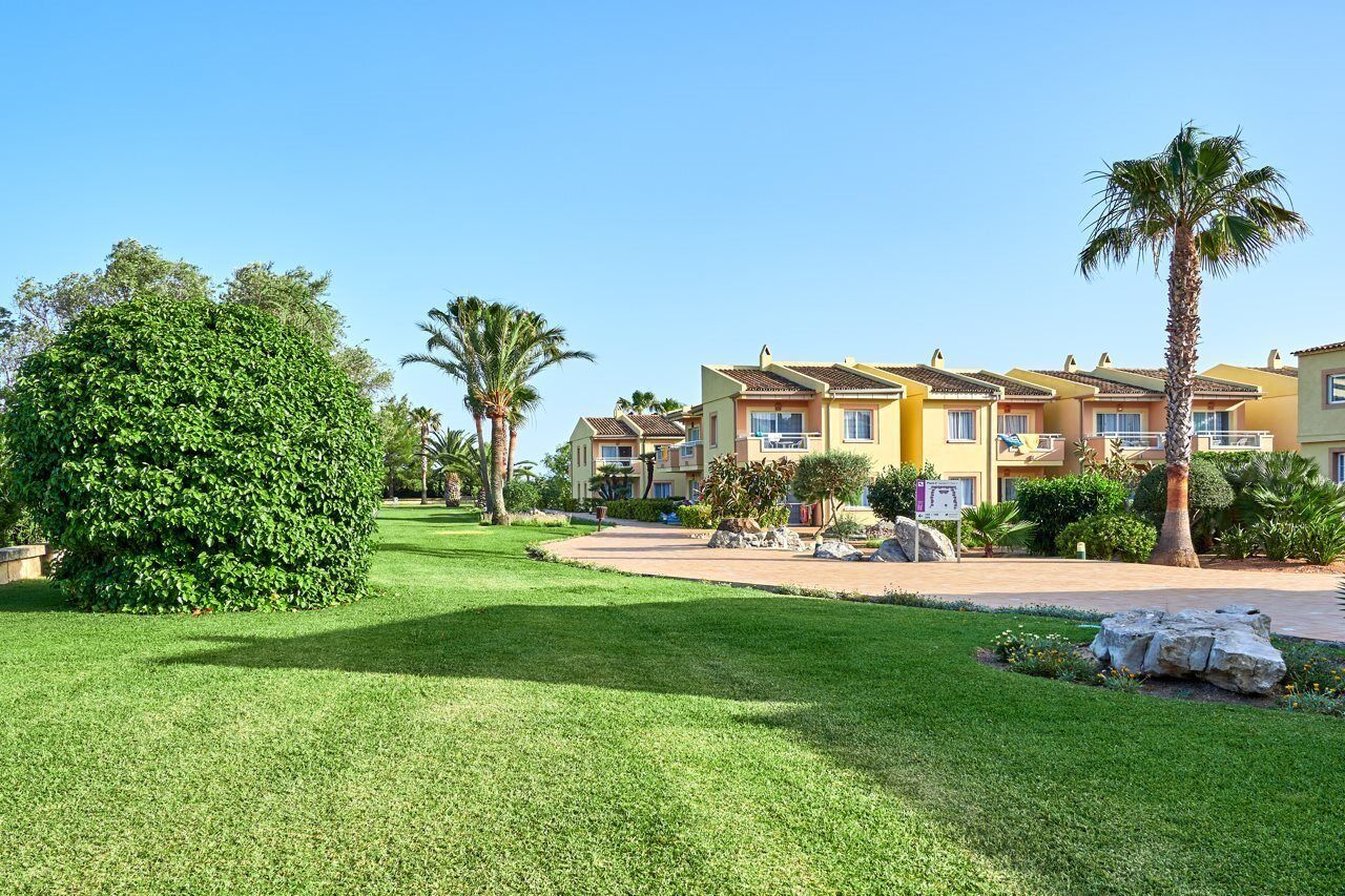 Zona residencial amb diverses cases de planta baixa i alta, un jardí ben cuidat i palmeres.