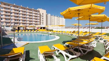 Outdoor pool, pool umbrellas, pool loungers