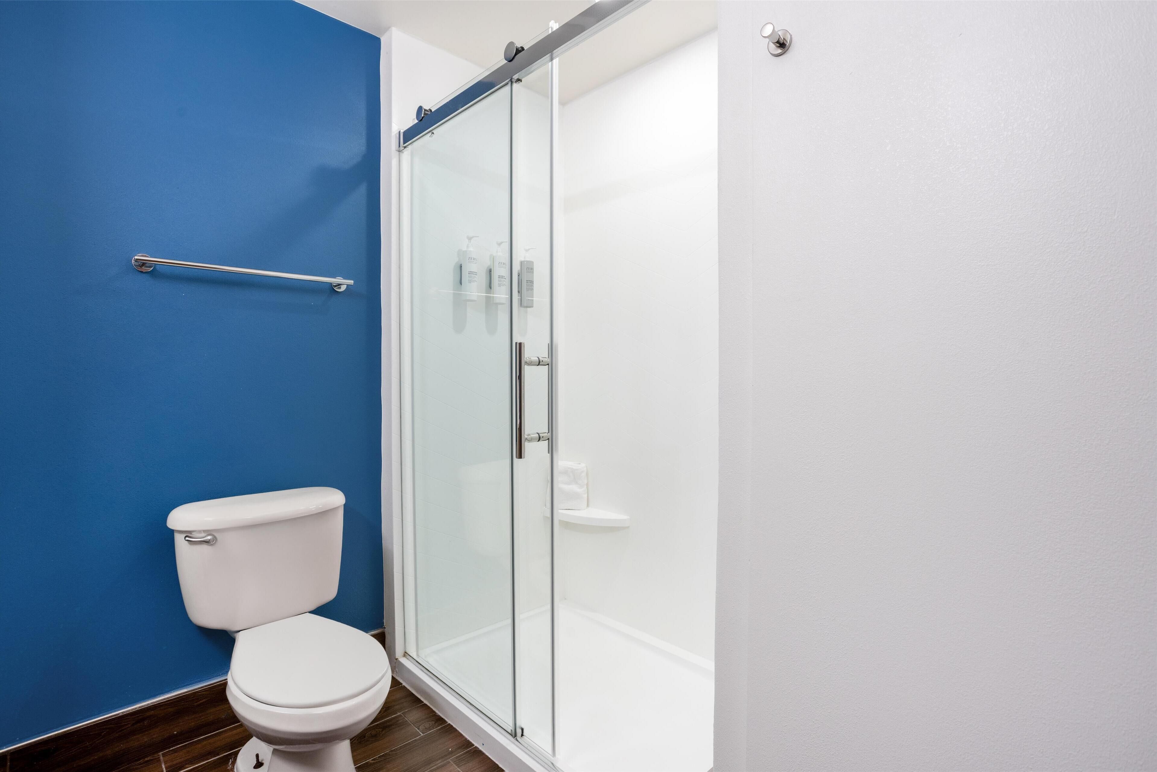A bathroom with a glass-enclosed shower, a white toilet, and a blue wall.