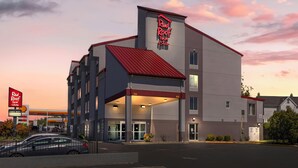 Un hotel Red Roof Inn con techo rojo, un acceso cubierto y una gasolinera Shell al fondo.