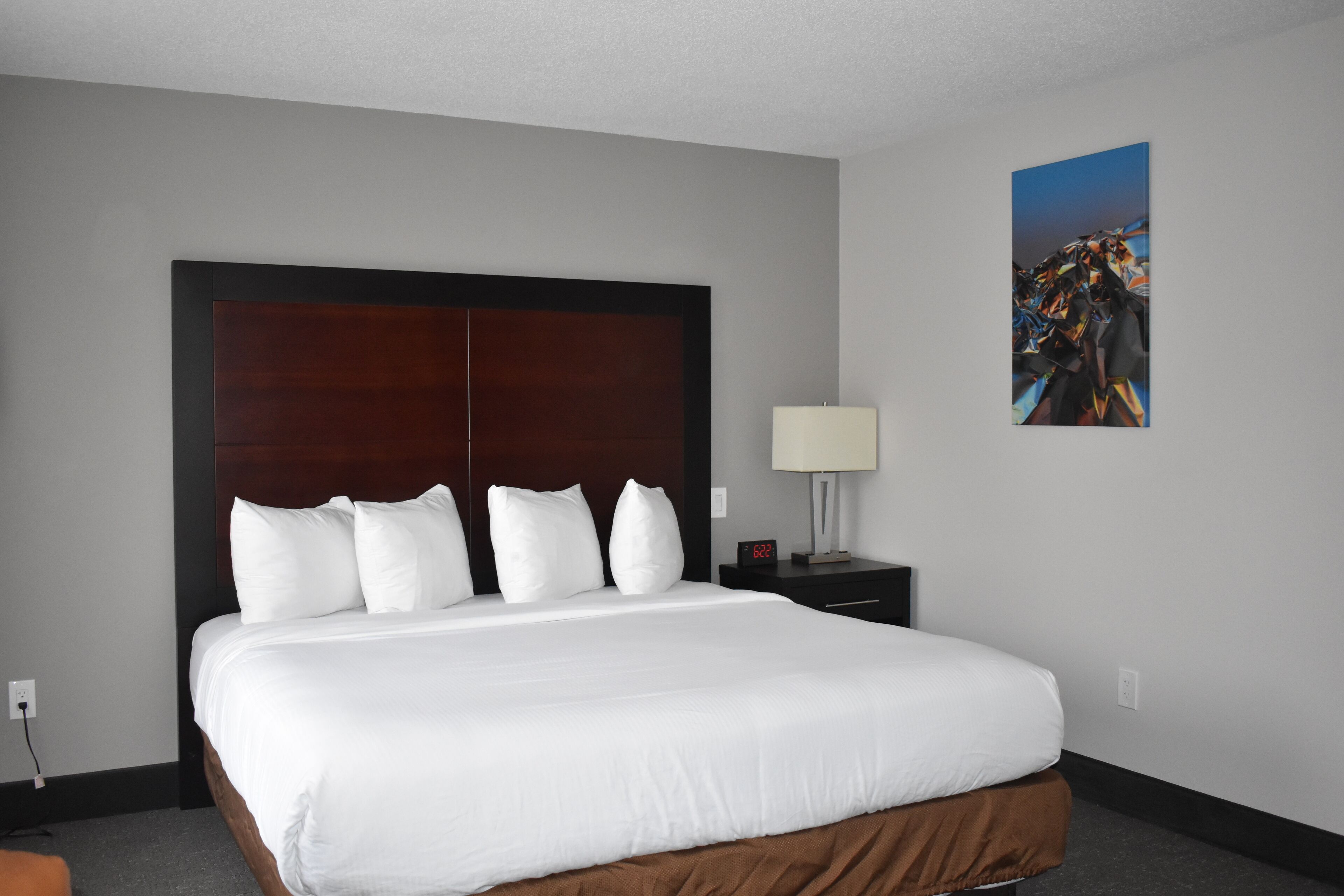 Una habitación de hotel con una cama grande, una mesita de noche con lámpara y un cuadro en la pared.