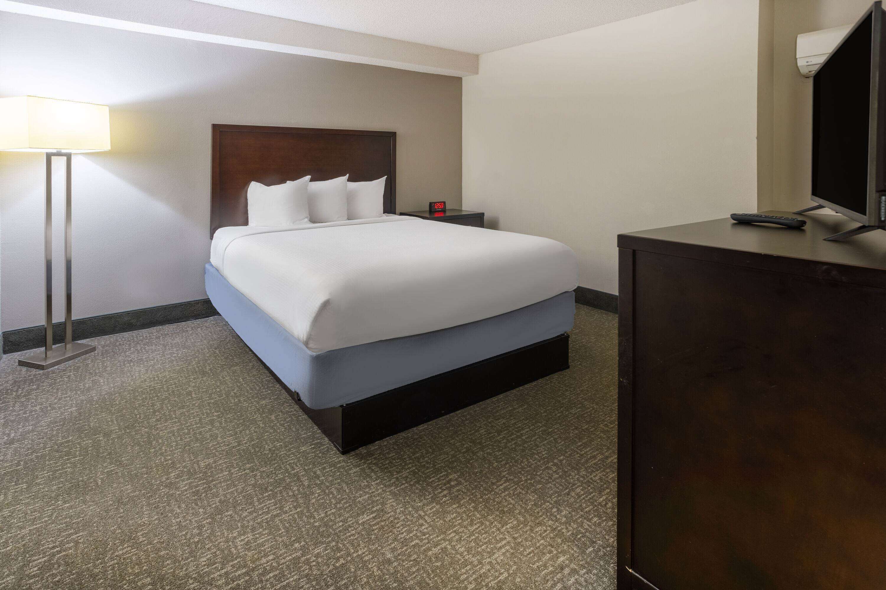 A hotel room with a bed, a nightstand, a desk, a lamp, and a television.