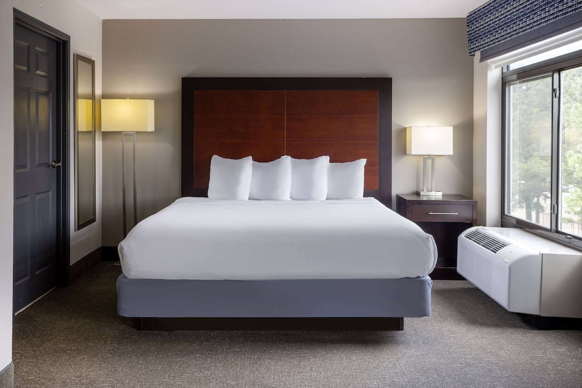 Une chambre d’hôtel avec un grand lit, une table de chevet, une lampe, un radiateur et une fenêtre donnant sur un beau paysage.