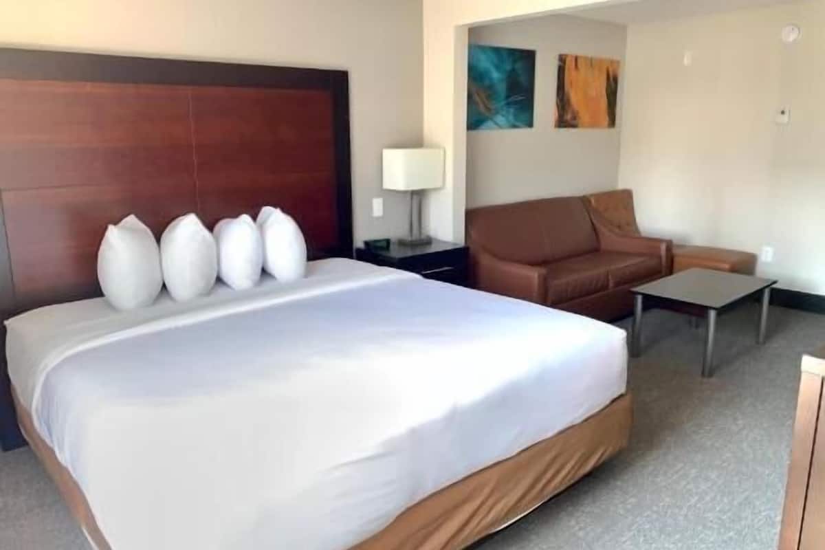 Une chambre d’hôtel avec un grand lit, un canapé marron, une petite table et deux tableaux accrochés au mur.