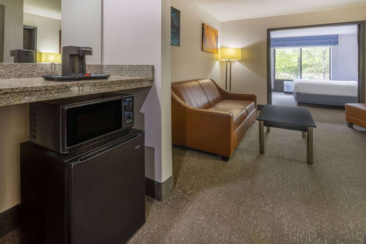 Une chambre d’hôtel avec une kitchenette, un canapé en cuir, une petite table et une grande fenêtre donnant sur des arbres.
