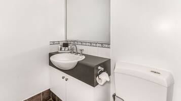 A bathroom with a white sink, a mirror, and a toilet.