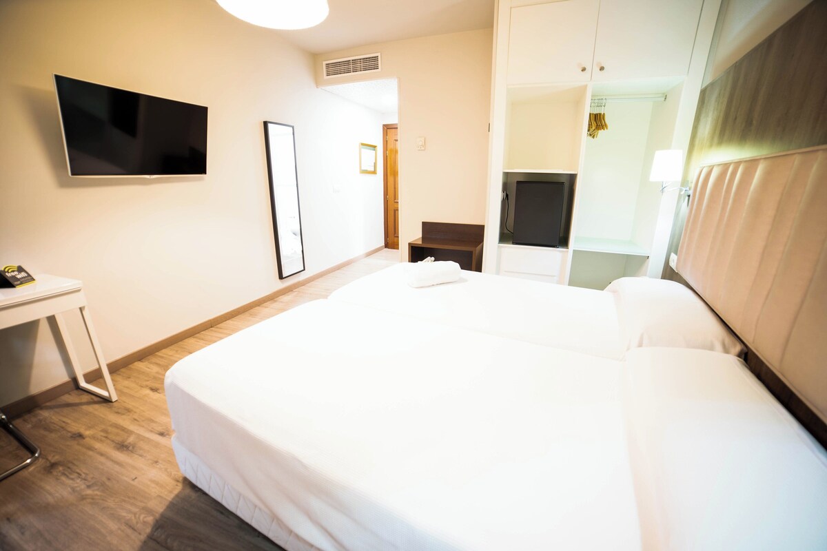 Een hotelkamer met een bed, een bureau, een televisie en een spiegel.