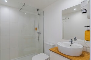 A modern bathroom with a glass-enclosed shower, a white toilet, and a sink with a mirror above it.