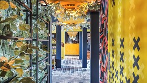 A hallway with a patterned floor, green foliage on the left, and a yellow wall with a geometric design on the right. - Botel (Amsterdam)