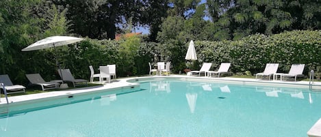 A clear swimming pool with white lounge chairs and umbrellas, surrounded by greenery and trees.