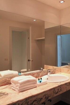 Kombinert dusj/badekar, hårføner, bidé og håndklær