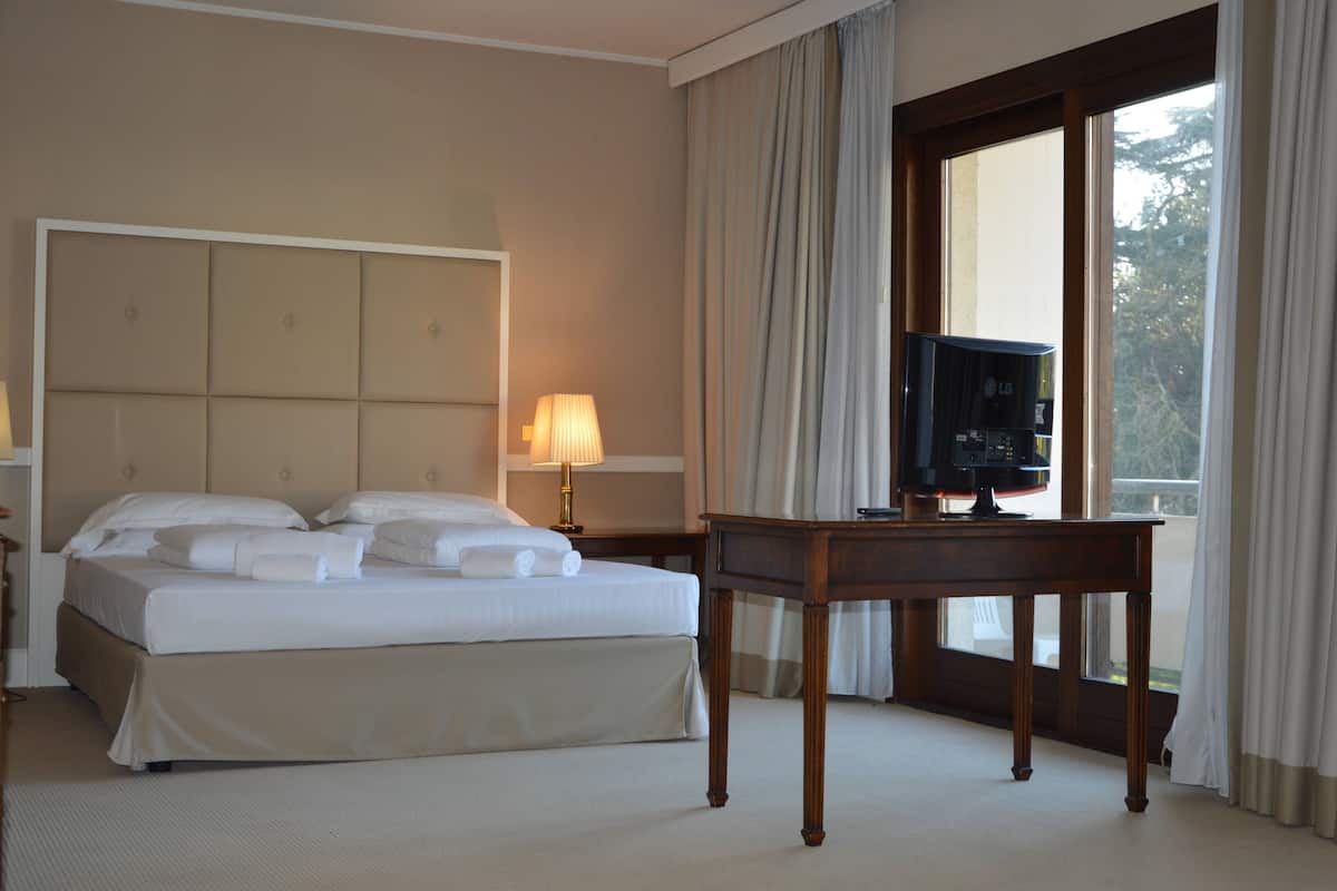 A hotel room with a large bed, a TV on a wooden table, and a window with curtains.