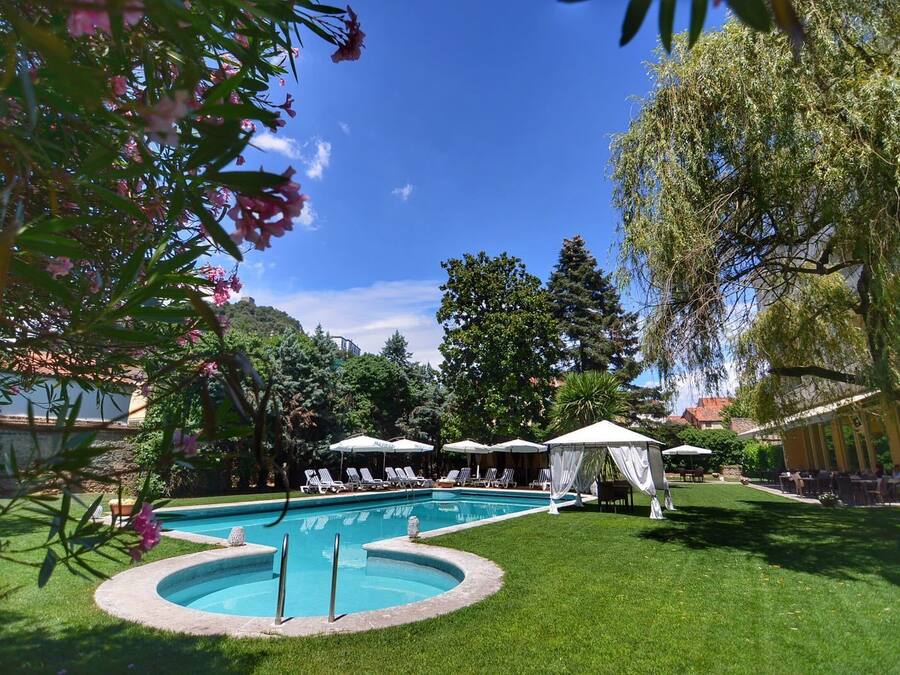 Piscina com espreguiçadeiras e guarda-sóis, cercada por vegetação e árvores.