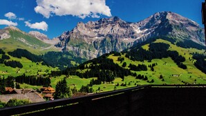 A mountainous landscape with a prominent peak, green valleys, and scattered houses. - Viktoria Eden (Adelboden)