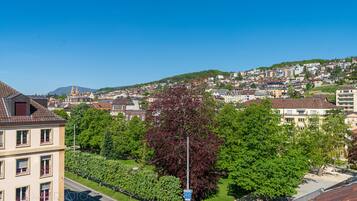 Un quartier résidentiel caractérisé par un arbre aux feuilles rouges bien visibles et un ciel d’un bleu éclatant.