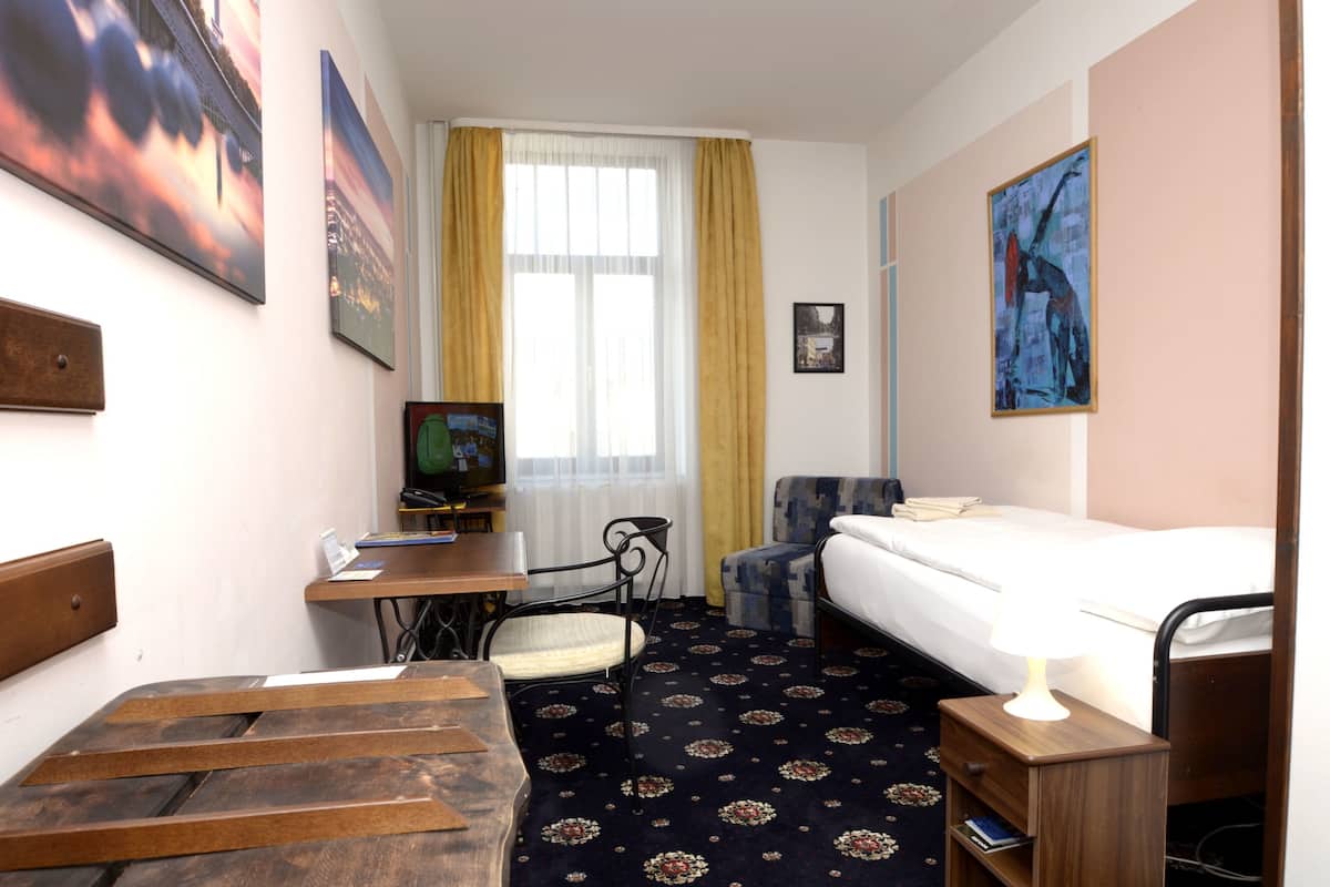 Une petite chambre d’hôtel comprenant un lit, un bureau avec une chaise, une télévision et une fenêtre avec des rideaux.